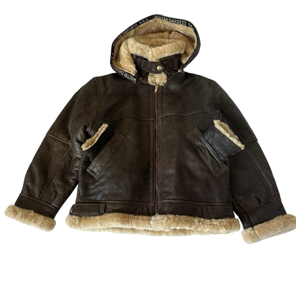 Davoucci Leather Shearling Aviator Bomber Jacket With Mittens Size Kids Large